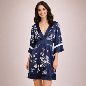 Y2K Bebe Silk Babydoll Dress XS Kimono Sleeve Blue Floral Asian Sexy Romantic